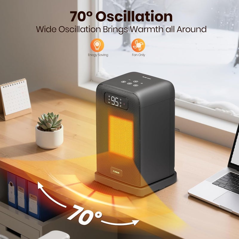 FLANUR Space Heaters for Indoor Use, 1500W Small Desk Heater 2 in 1 with Remote, Thermostat, LED Display, Overheat & Tip Over Protection, 12H Timer, 70° Oscillating Heater for Office (Black, 1Pack) - Image 4